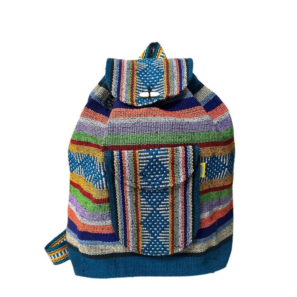 Artesanias Pinzon Woven Drawstring Boho Hippie Bag Beach Backpack Blue Orange